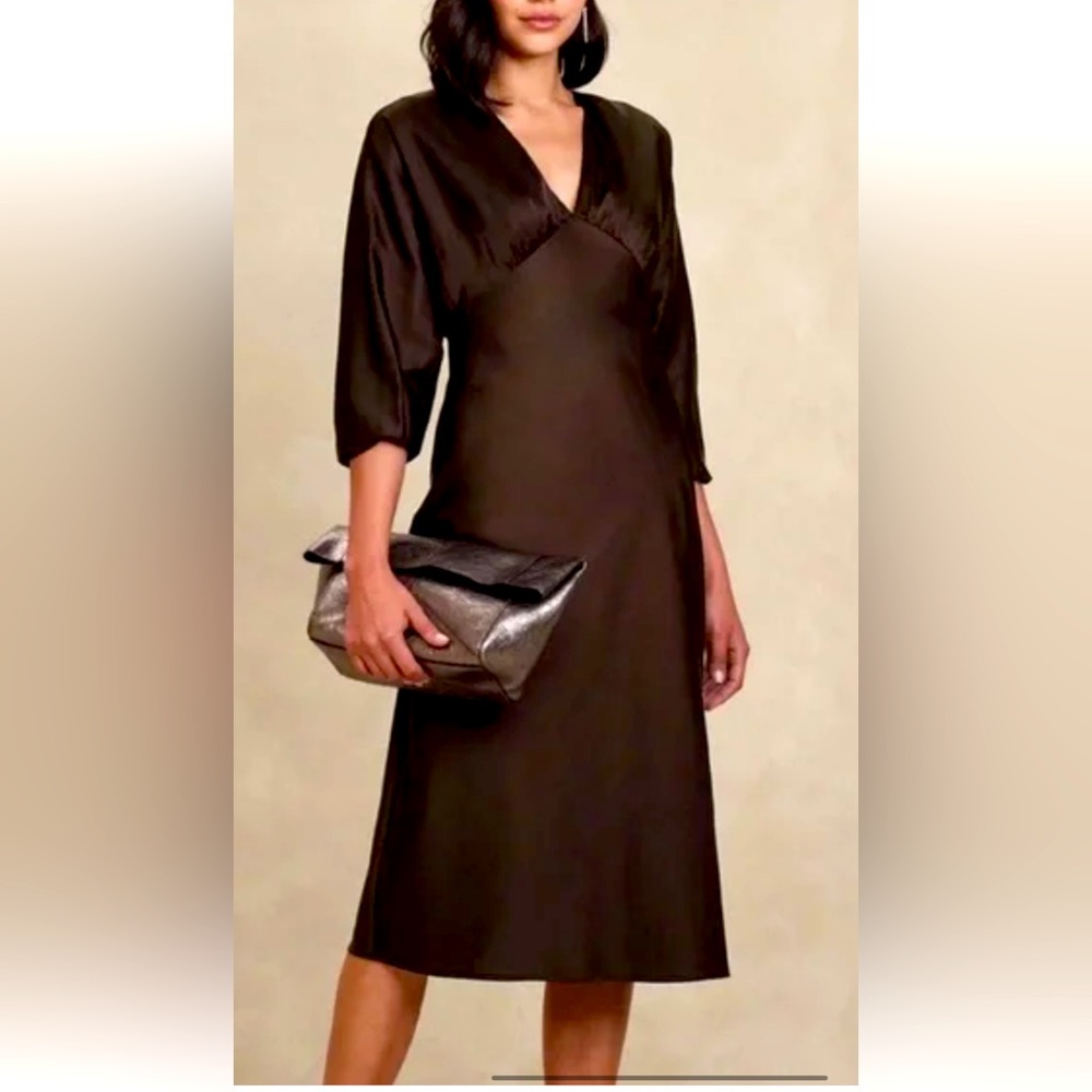 NWT Banana Republic rich Brown Satin Midi Long Sleeve Dress size 00 petite